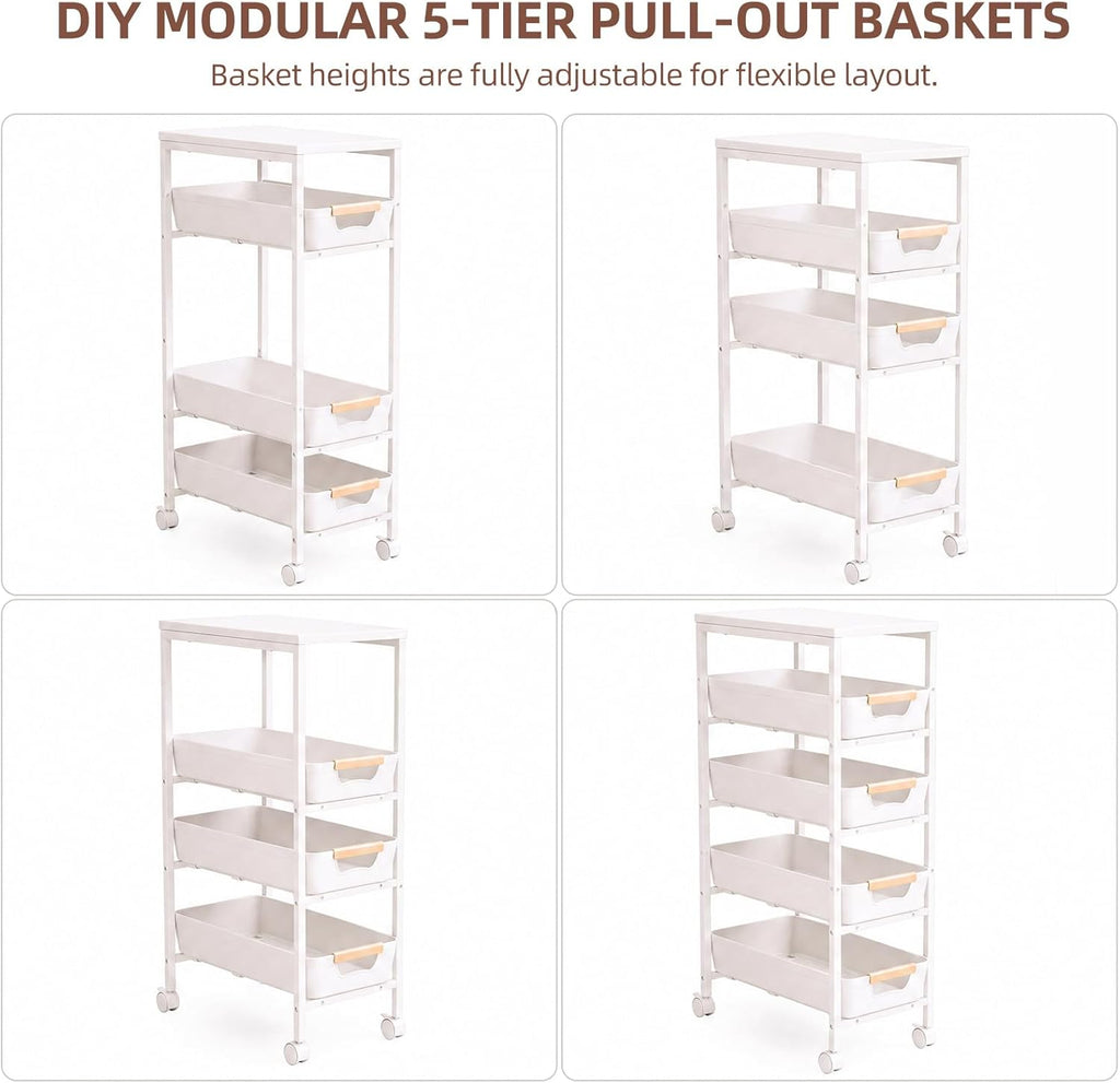 5 Tier Slim Rolling Storage Cart with Pull-Out Drawers,Narrow Utility Organizer Cart with Wooden Top & Wheels for Small Spaces Kitchen Bathroom Laundry Room (White)