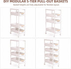 5 Tier Slim Rolling Storage Cart with Pull-Out Drawers,Narrow Utility Organizer Cart with Wooden Top & Wheels for Small Spaces Kitchen Bathroom Laundry Room (White)