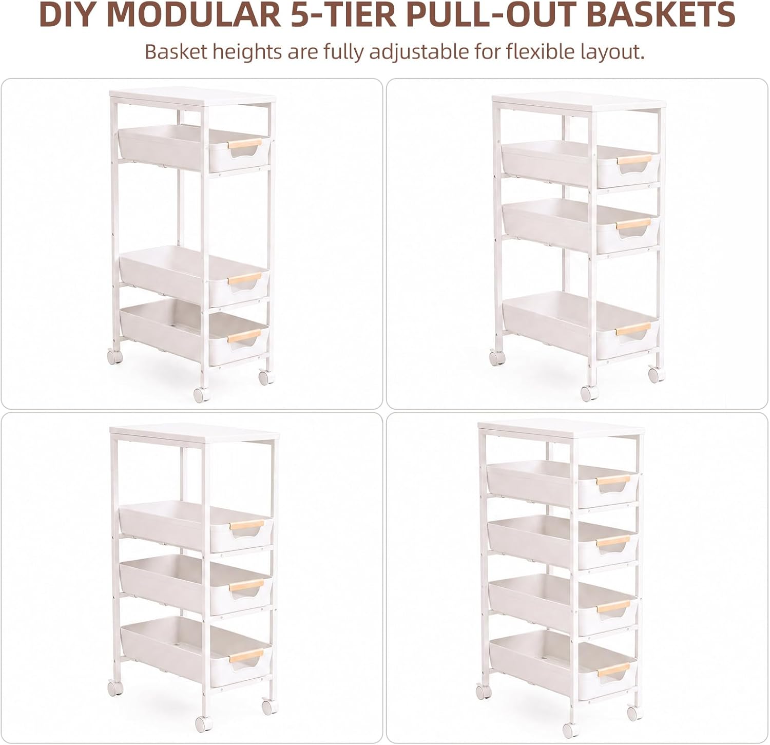 5 Tier Slim Rolling Storage Cart with Pull-Out Drawers,Narrow Utility Organizer Cart with Wooden Top & Wheels for Small Spaces Kitchen Bathroom Laundry Room (White)