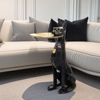Modern Resin Doberman Sculpture Side Table with Metal Serving Tray, Corner Table with Storage, Decorative Dog End Table for Living Room, Office, Home Decor(Black)