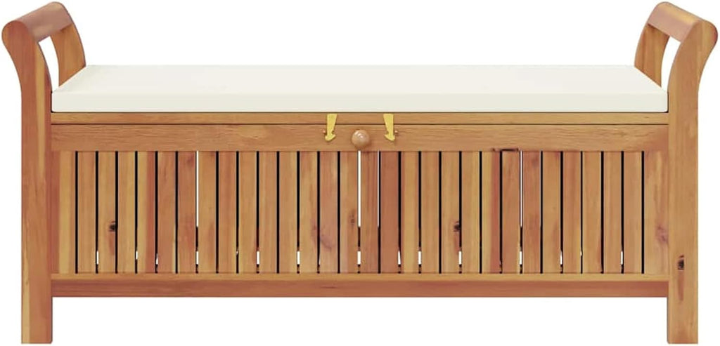 Gecheer Garden Storage Bench with Cushion, Solid Wood Acacia 126 cm Outdoor Seat with Storage Space for Patio Garden Backyard