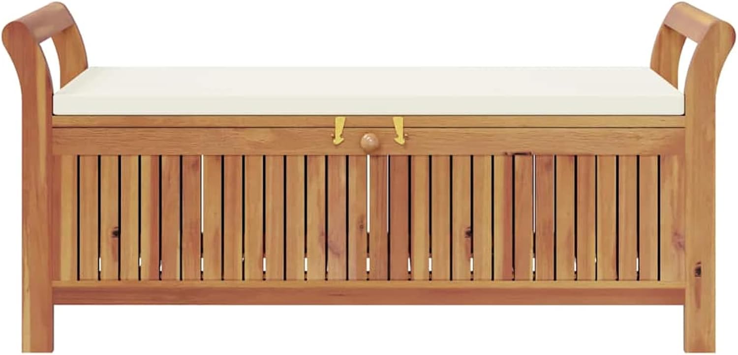 Gecheer Garden Storage Bench with Cushion, Solid Wood Acacia 126 cm Outdoor Seat with Storage Space for Patio Garden Backyard