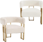 Barrel Accent Chair Set of 2 with Metal Frame Legs, Modern Velvet Living Room Chairs, Mid Century Upholstered Single Lounge Sofa Armchair for Living Room/Bedroom/Reading Room, Beige