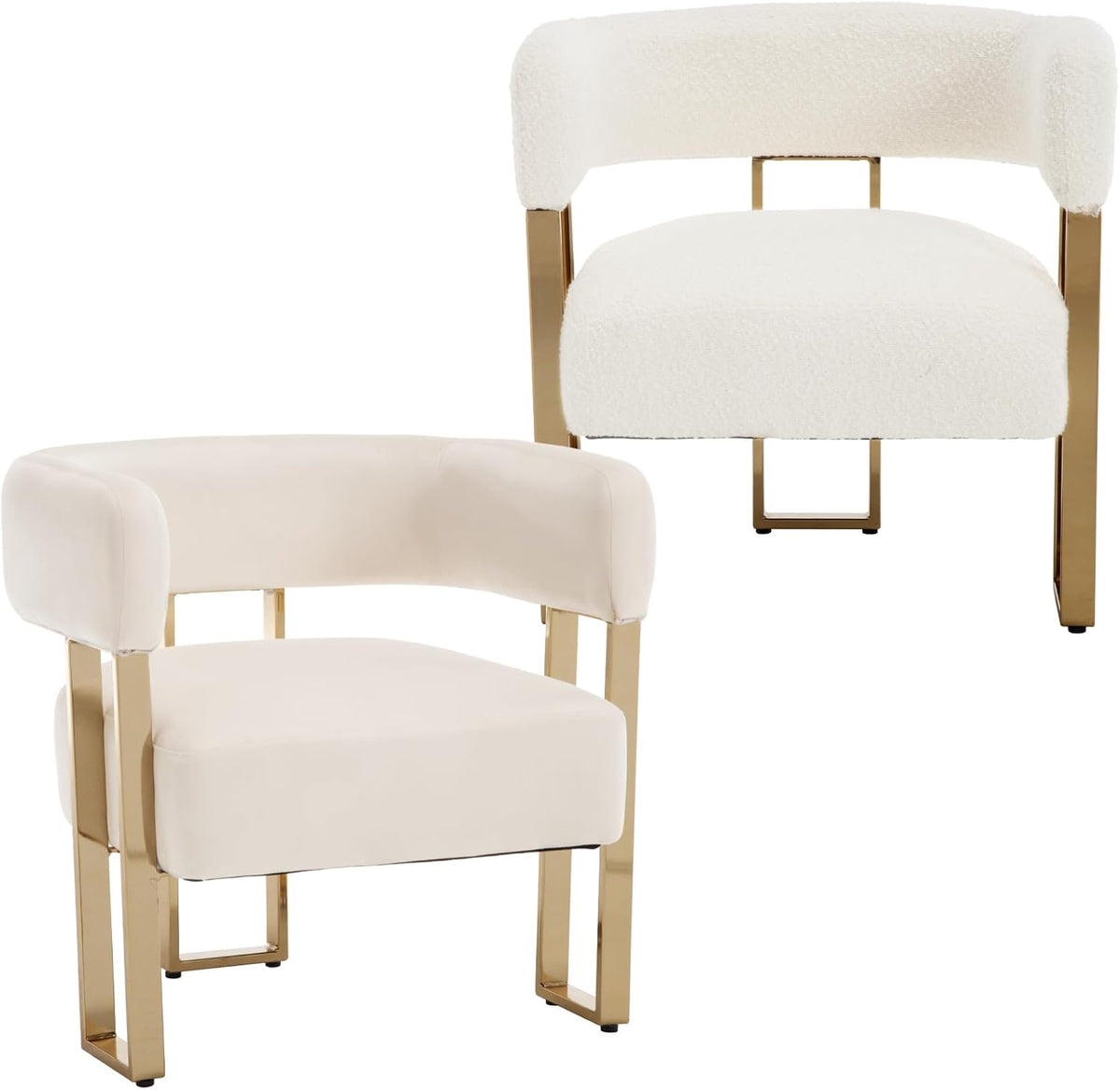 Barrel Accent Chair Set of 2 with Metal Frame Legs, Modern Velvet Living Room Chairs, Mid Century Upholstered Single Lounge Sofa Armchair for Living Room/Bedroom/Reading Room, Beige