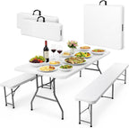 EconoHome 6 Ft White Plastic Folding Table Set with 2 Benches – Heavy-Duty Picnic Table & Bench Set, Space-Saving, Indoor/Outdoor, Seats 6-8, Easy Storage & Transport