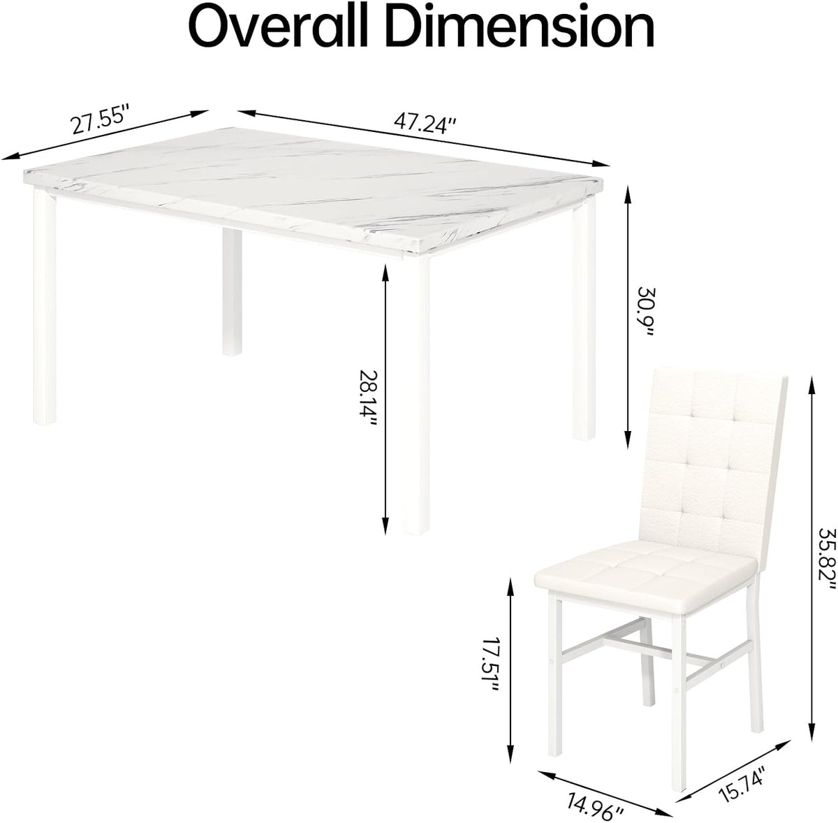 Hooseng Dining Room Table Set 5 Piece Dining Table Set Marble Dining Table 4 Chair Dining Table Set for Kitchen Living Room Breakfast Small Spaces (White)
