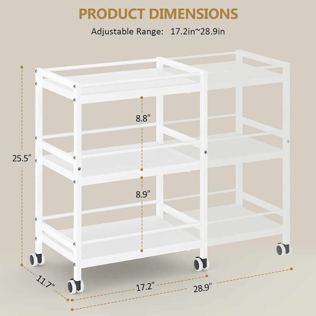 3-Tier Expandable Rolling Pantry Organizers and Storage Cart with Wheels, Adjustable Pantry Floor Organizer, Snack Cart for Pantry, Kitchen Storage Cart with 4 Hooks for Snack, Food, Vegetables, White