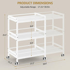 3-Tier Expandable Rolling Pantry Organizers and Storage Cart with Wheels, Adjustable Pantry Floor Organizer, Snack Cart for Pantry, Kitchen Storage Cart with 4 Hooks for Snack, Food, Vegetables, White
