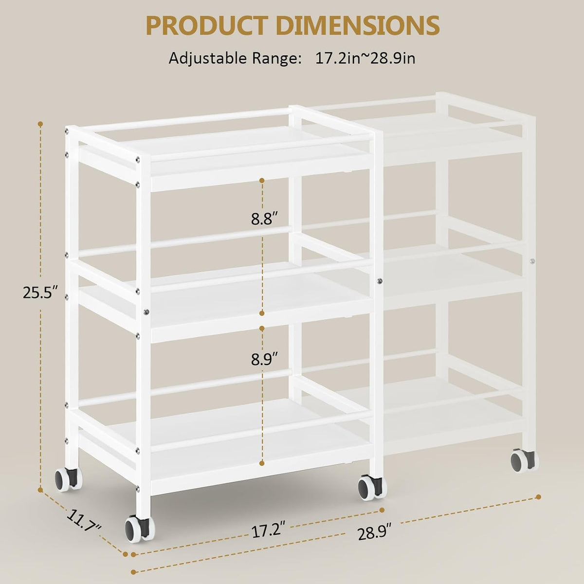 3-Tier Expandable Rolling Pantry Organizers and Storage Cart with Wheels, Adjustable Pantry Floor Organizer, Snack Cart for Pantry, Kitchen Storage Cart with 4 Hooks for Snack, Food, Vegetables, White