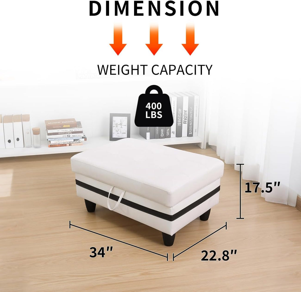 Leather Storage Ottoman Bench,33.5" Large Square Ottoman with Storage, Foot Rest Footstool Bench Coffee Table with Thick Cushion for Home Decor/Entryway/Living Room/Bedroom/Rv Car,White&Black