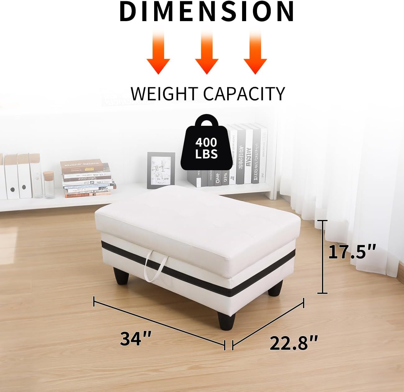 Leather Storage Ottoman Bench,33.5" Large Square Ottoman with Storage, Foot Rest Footstool Bench Coffee Table with Thick Cushion for Home Decor/Entryway/Living Room/Bedroom/Rv Car,White&Black