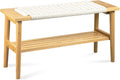 Solid Wood Narrow Bench with Storage, 33.46" Woven Bench for Entryway and Hallway, End of Bed Bench with Oak Frame, Boho Accent Bench (Natural Beige)
