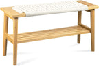 Solid Wood Narrow Bench with Storage, 33.46" Woven Bench for Entryway and Hallway, End of Bed Bench with Oak Frame, Boho Accent Bench (Natural Beige)