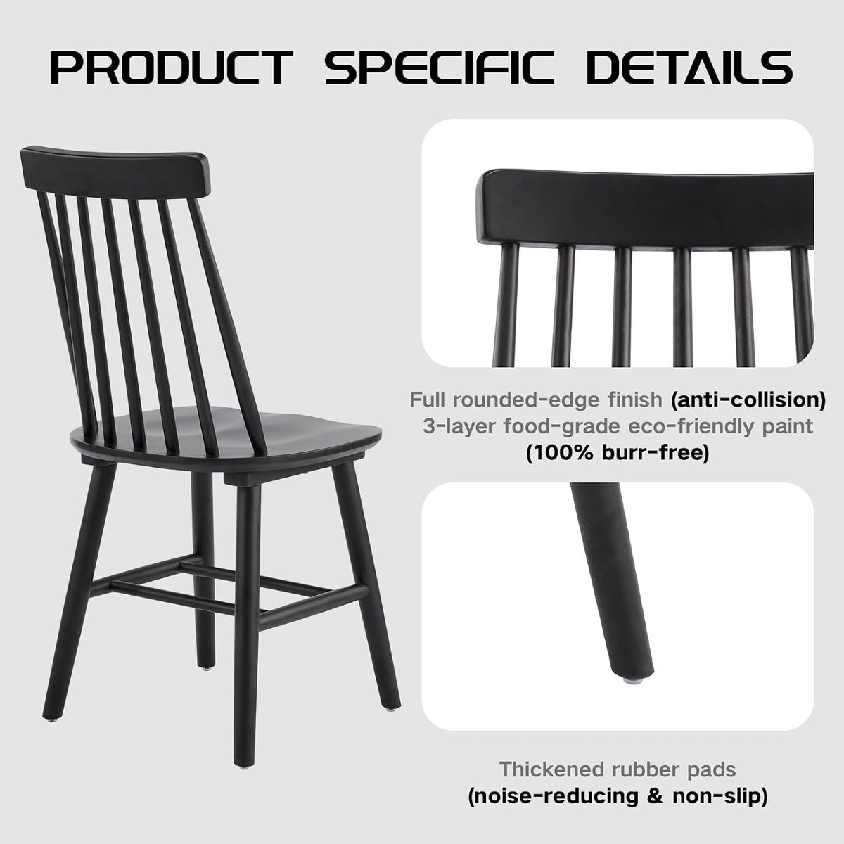 Black Dining Chairs Set of 6, Farmhouse Windsor Spindle Back | 17.5" Wide Seat, Solid Wood, Armless Design, Mid Century Modern, Kitchen & Dining Room Chairs, Easy Assembly