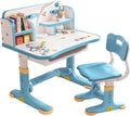 Kids Desk and Chair Set,Height Adjustable Study Table with Storage Drawer Ergonomic Seat Cartoon Pattern Widened Desktop for Children Aged 3-16 Years Old Blue