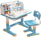 Kids Desk and Chair Set,Height Adjustable Study Table with Storage Drawer Ergonomic Seat Cartoon Pattern Widened Desktop for Children Aged 3-16 Years Old Blue