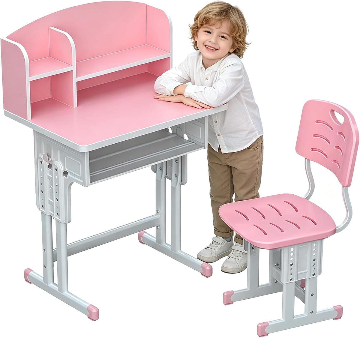 hatleues Kids Desk and Chair Set for 3-12 Year Old, Height Adjustable School Study Desk with Storage Drawer & Book Stand, Ergonomic Student Writing Table for Girls Boys Pink