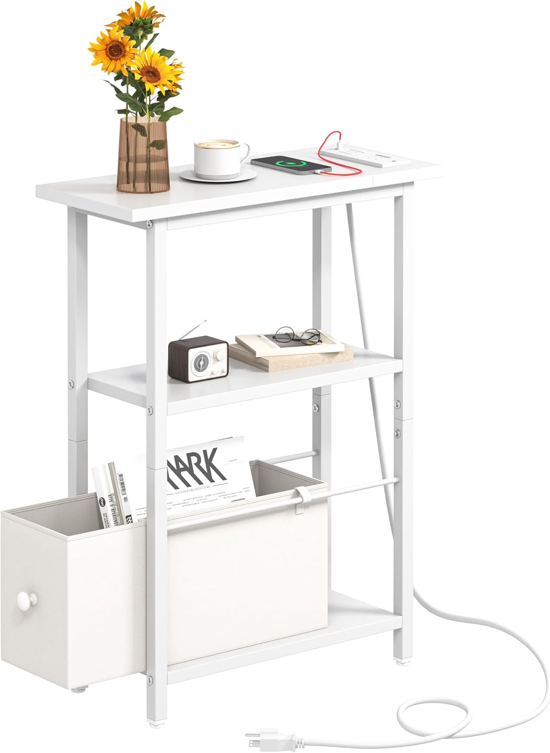 Narrow Side Table with Charging Station, Skinny End Table for Small Spaces, Thin Sofa Side Table with 1 Fabric Drawer, Slim Nightstand for Living Room, Bedroom, White