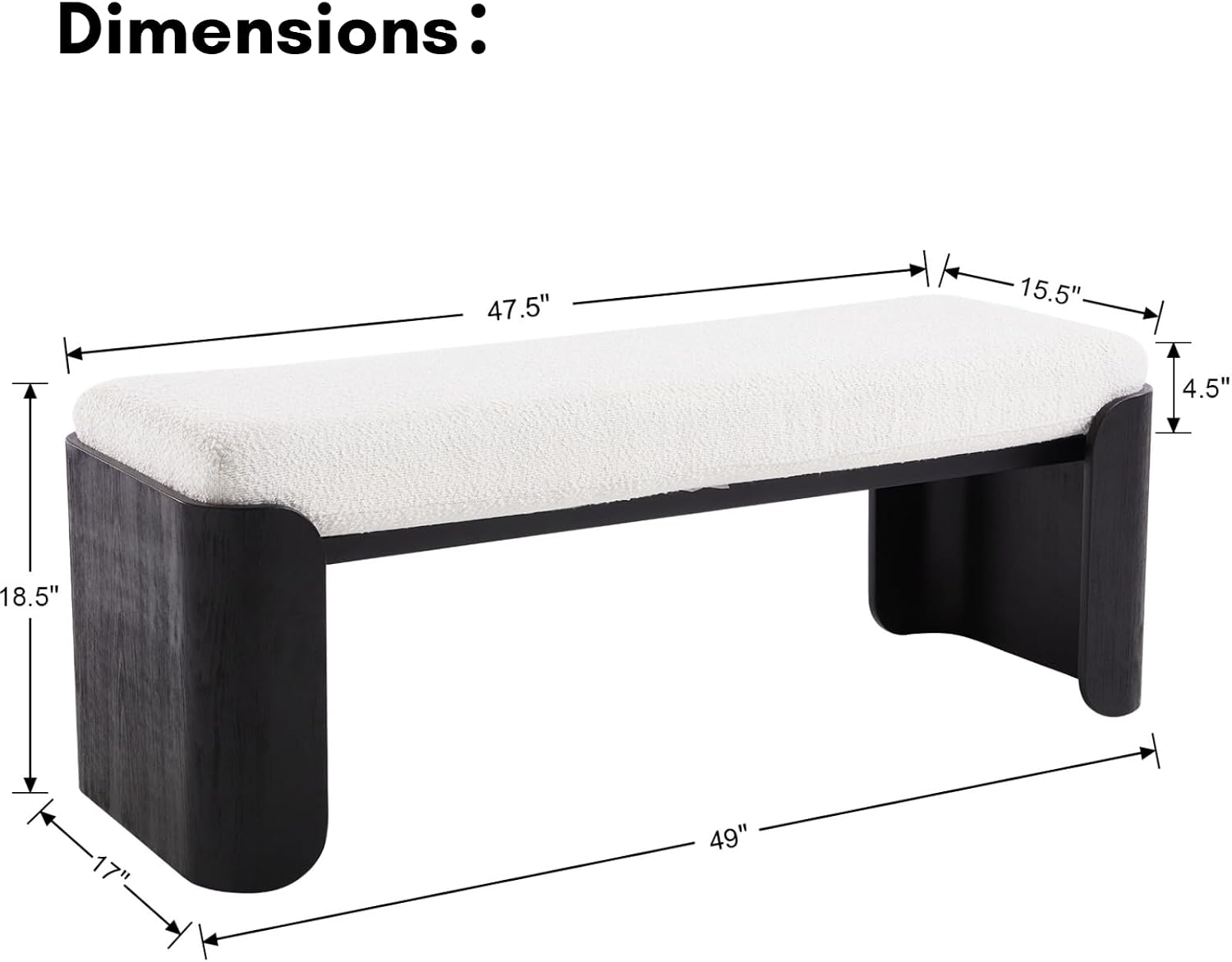 DUOMAY Modern White Sherpa Bedroom Bench, 49" Wide Long Entryway Bench with Solid Wood Legs Upholstered Dining Bench Ottoman for Living Room Indoor