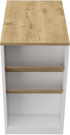 Wine Storage Pedestal Kitchen Island White and Macadamia | Three-tier design with dedicated wine display shelves