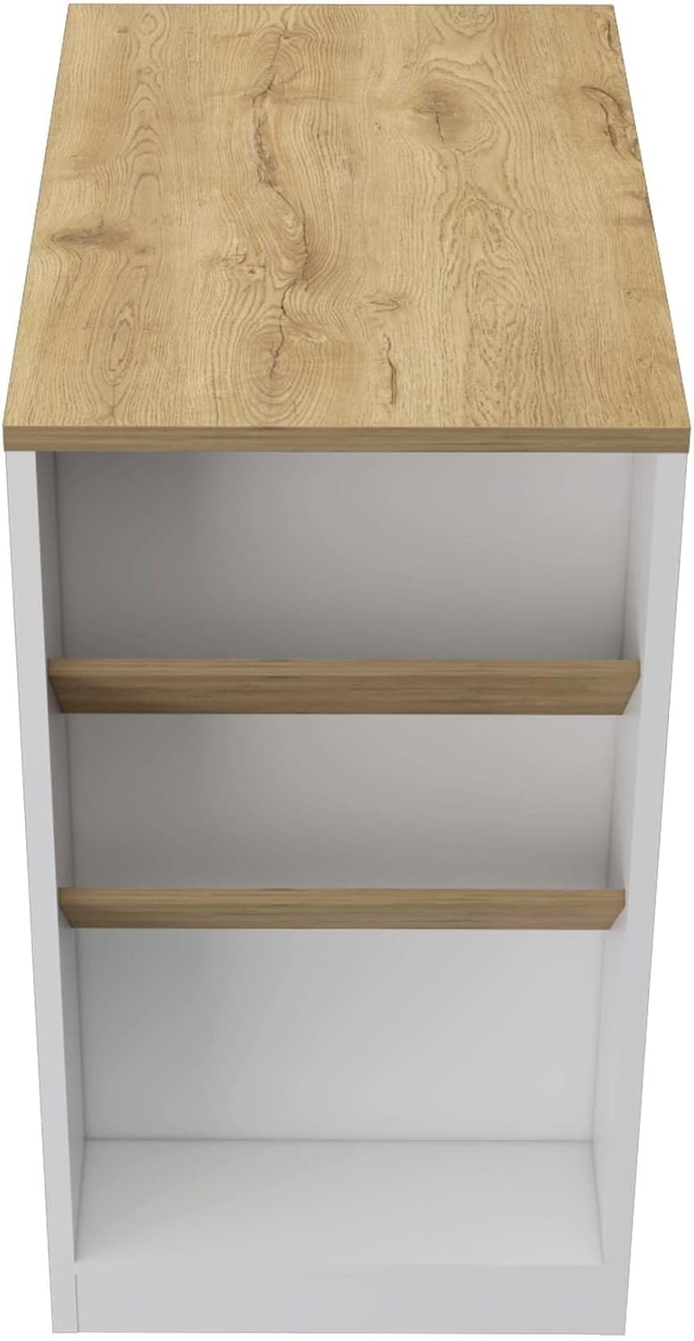 Wine Storage Pedestal Kitchen Island White and Macadamia | Three-tier design with dedicated wine display shelves