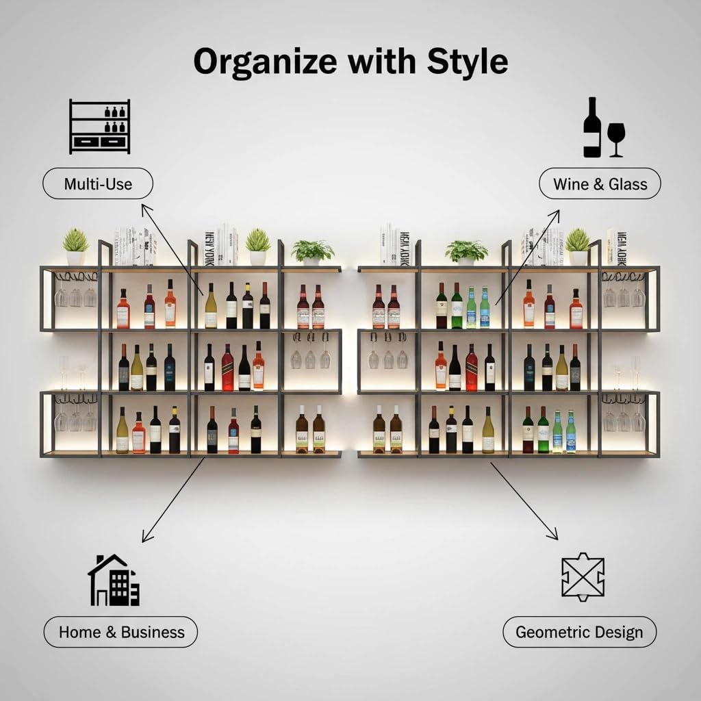 47.2 in Wall Wine Rack with LED Light, 4-Tier Metal Wine Rack with Shelves, Industrial Hanging Liquor Bottles Storage Rack Restaurant Deco (Black,120cm)