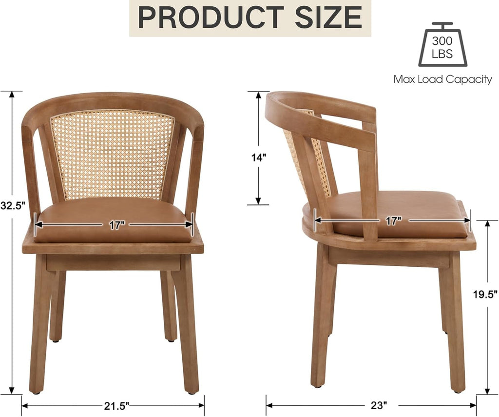 CIMOTA Mid-Century Modern Rattan Wood Dining Chairs Set of 4, Farmhouse Kitchen Chairs with Barrel Cane Backrest/Leather Upholstered Seat/Oak Finish for Dining Room/Cafe/Bistro,PU Brown