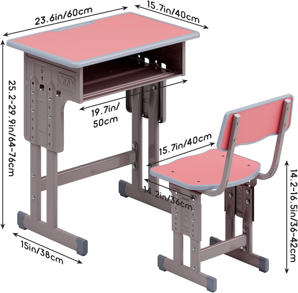 Kids Desk and Chair Set,Height Adjustable School Study Desk and Chair Wooden Children Study Tablewith Storage Drawer,Student Writing Desk for Bedroom & Study Room Boys Girls Pink 60cm
