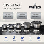 WHYSKO Stainless Steel Mixing Bowls with Lids Set - 5 Rustproof Metal Nesting Mixing Bowls for Kitchen, Meal Prep, Baking, Cooking, Storage - Includes 3 Grater Attachments, Dishwasher Safe