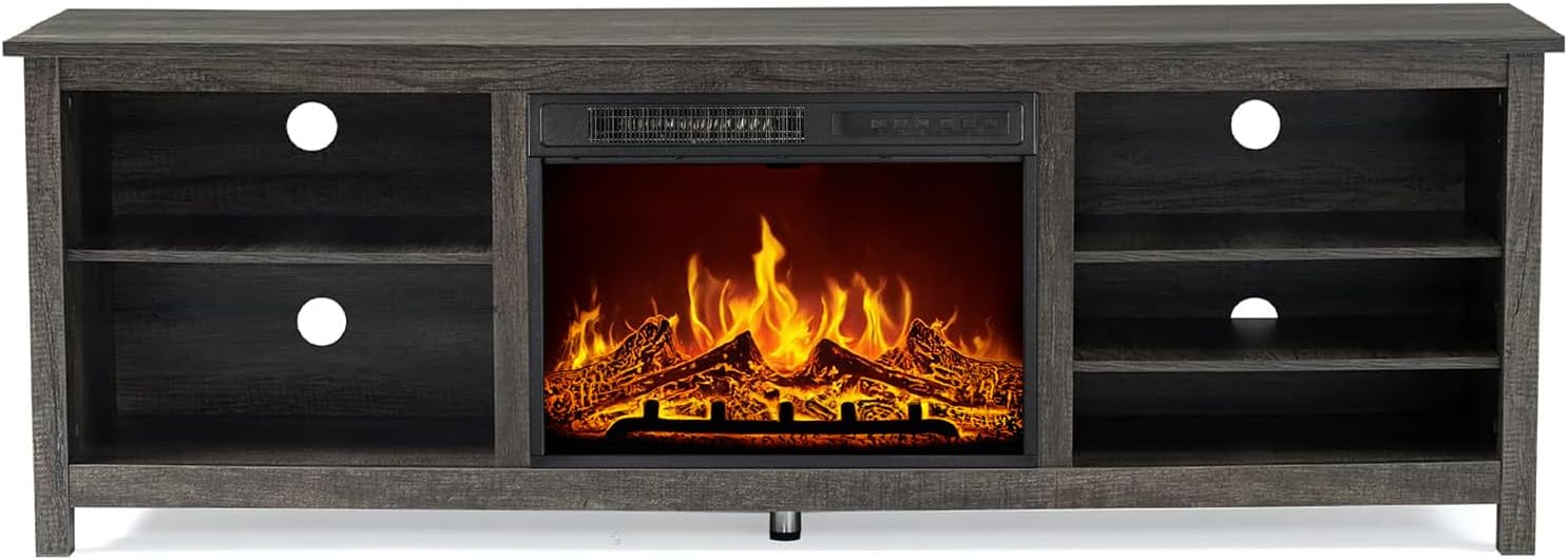 AMERLIFE 70" Fireplace TV Stand with 23" Electric Fireplace for 80" TVs | Rustic Grey, Wood Texture Finish, Farmhouse Style, Entertainment Stand, Media TV Console, Storage Cabinet, Living Room