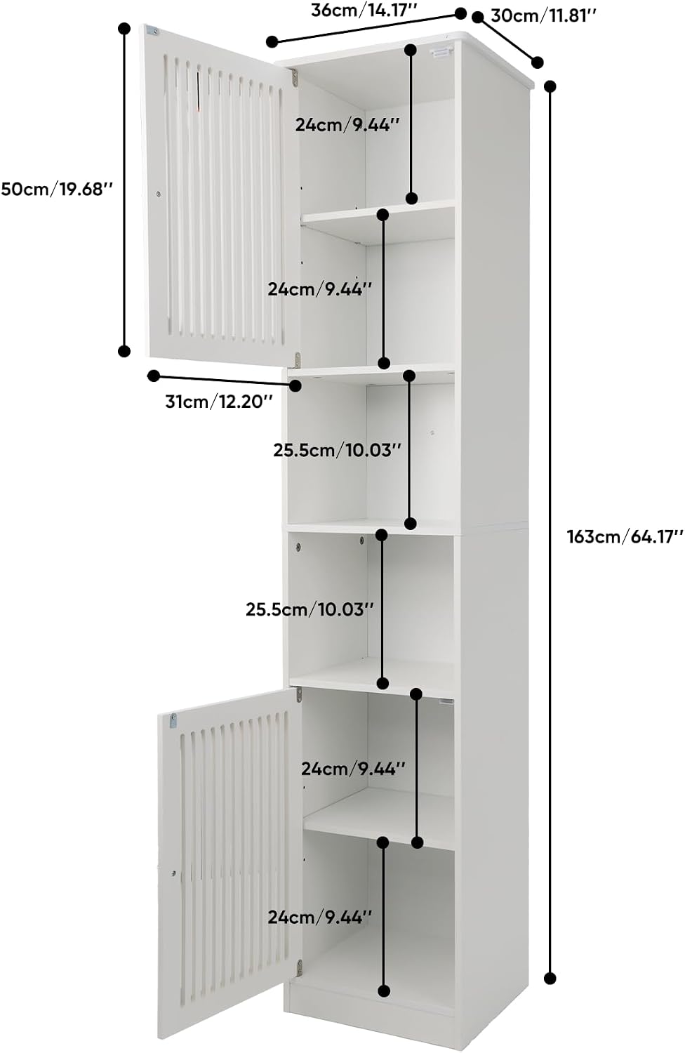 64" Tall Bathroom Cabinet, White Floor Standing Storage | Narrow unit with adjustable shelves & louvered doors, ideal for bathroom, laundry room, maximizing vertical space.