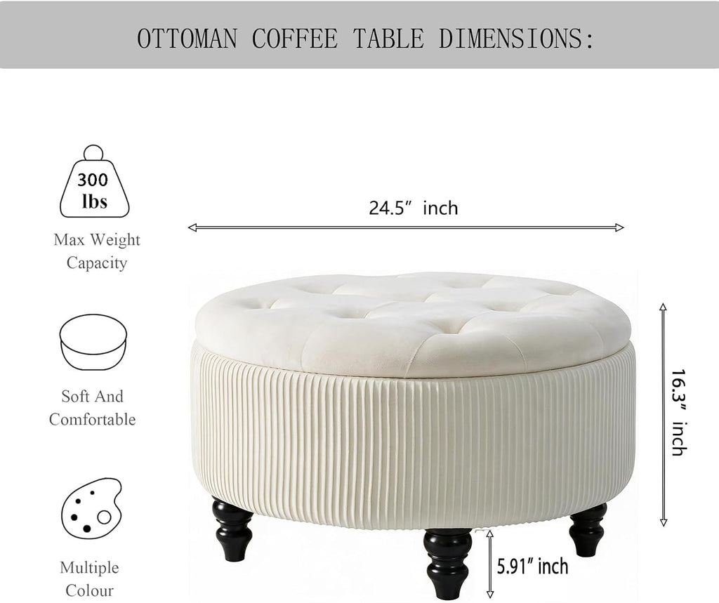 24Inch White Round Storage Ottoman, Upholstered Coffee Table | Modern Tufted Fabric Circle Storage Coffee Table with Removable Lid, Upholstered Storage Ottoman with Tray for Living Room