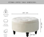 24Inch White Round Storage Ottoman, Upholstered Coffee Table | Modern Tufted Fabric Circle Storage Coffee Table with Removable Lid, Upholstered Storage Ottoman with Tray for Living Room