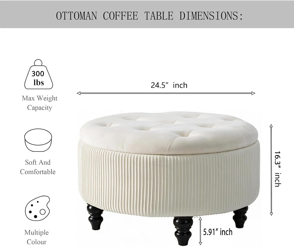 24Inch White Round Storage Ottoman, Upholstered Coffee Table | Modern Tufted Fabric Circle Storage Coffee Table with Removable Lid, Upholstered Storage Ottoman with Tray for Living Room