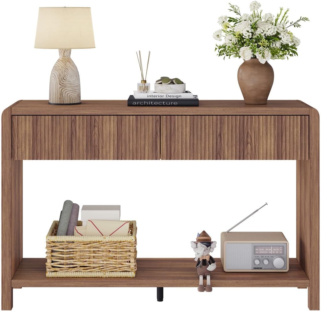 FATORRI Console Sofa Table for Entryway, Wood Foyer Tables for Living Room, Farmhouse Couch Table behinde Sofa with 2 Drawers for Hallway Storage (47.2 inch, Walnut)