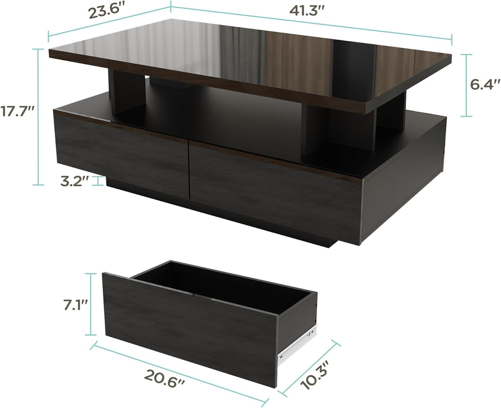 MHOM 41.3" LED Coffee Table, Modern High Gloss Living Room Table with 4 Drawers, Stylish Center Table for Living Room, Office and Apartment, Black