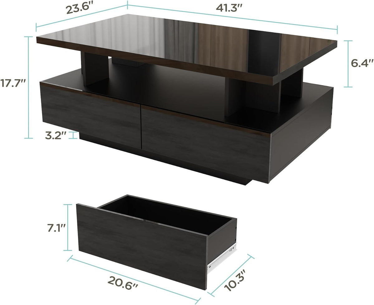 MHOM 41.3" LED Coffee Table, Modern High Gloss Living Room Table with 4 Drawers, Stylish Center Table for Living Room, Office and Apartment, Black
