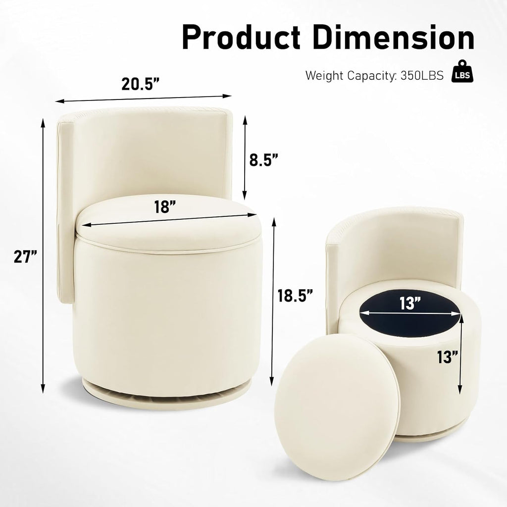 Furniliving Velvet Vanity Chair with Storage, 360° Swivel Accent Chair with Wavy Back, Modern Barrel Vanity Stool Makeup Ottoman for Bedroom, Living Room