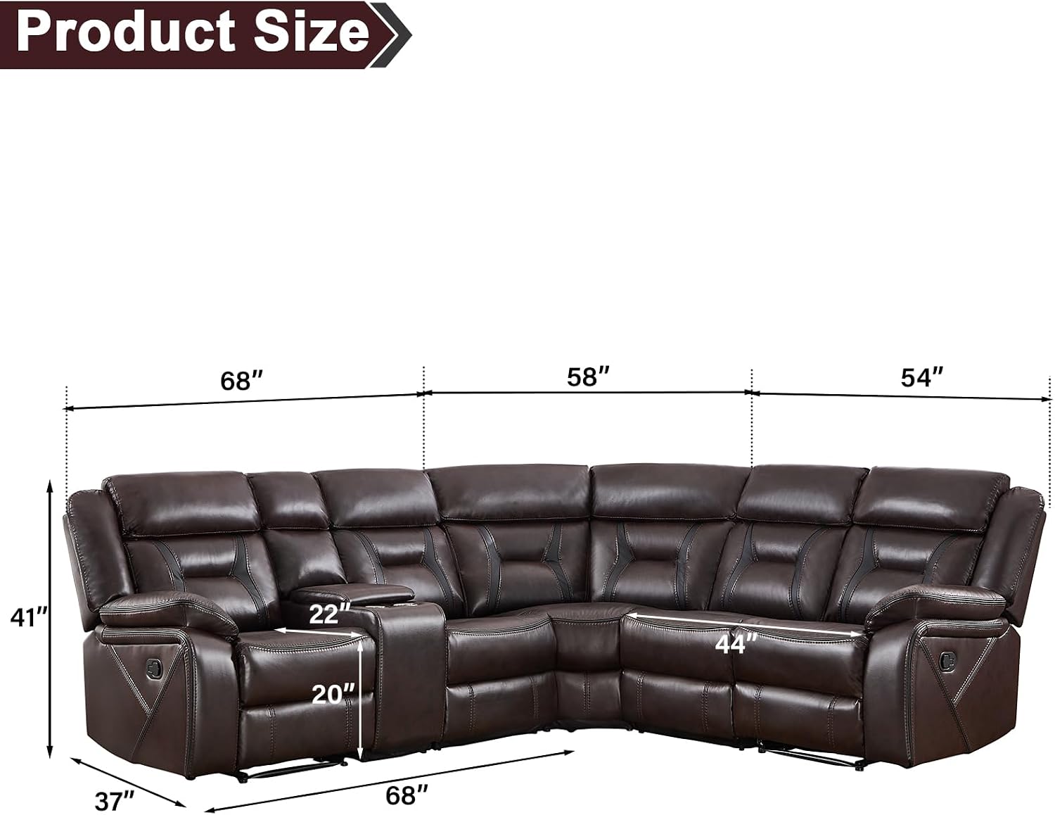 EBELLO Faux Leather Reclining Sectional Sofa Set for Living Room, 1 Recliner Chair and L-Shaped Corner Manual Recliner Sofa Home Furniture Set with Center Console, Cup Holders and Storage, Dark Brown