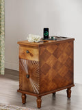 Solid Wood Sunburst End Table, No Assembly Required 2 Drawers Sofa Side Bedside Table with Sunbeam Texture for Living Room, Vintage Nightstand for Bedroom (Caramel Brown, 1PC, w/Charging Station)