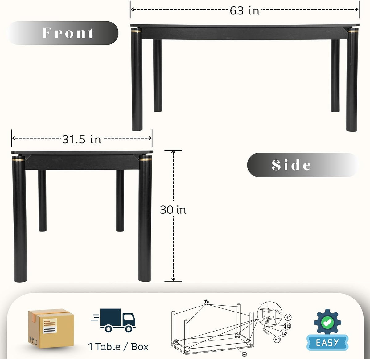 Hyfirm 63 Inch Black Solid Wood Dining Table for 4-6, Mid Century Modern Rectangular Dining Table with Gold Ring Decoration, Farmhouse Dinner Table for Dining Room Restaurant