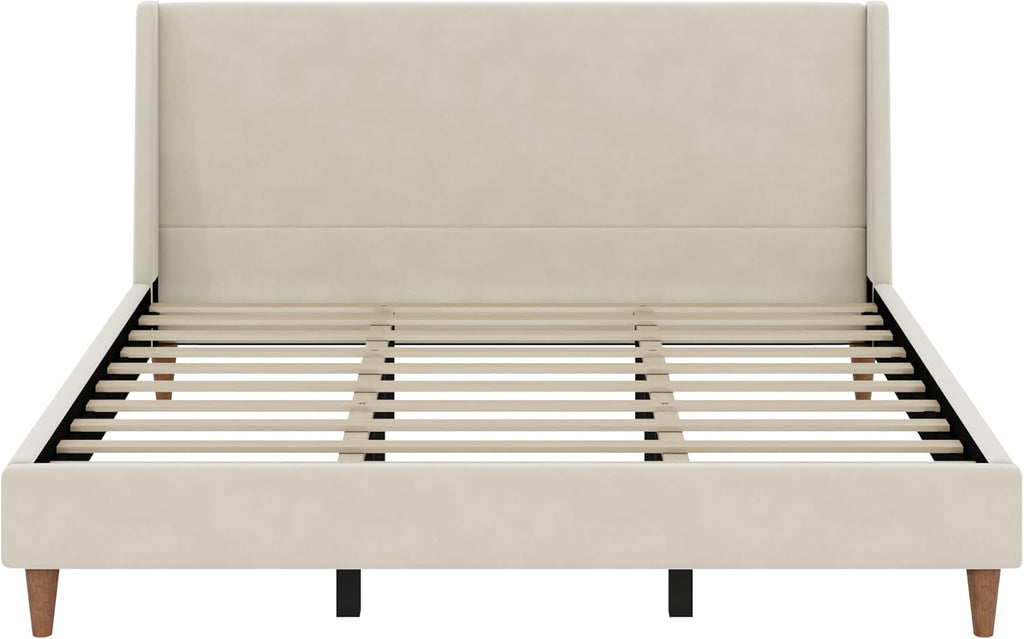 Merax King Size Velvet Bed Frame with Wingback Headboard, Upholstered Platform Bedframe with Solid Wooden Leg, Wood Slats for Bedroom, No Box Spring Needed, Easy Assembly, Modern Luxury Style, Beige