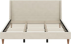 Merax King Size Velvet Bed Frame with Wingback Headboard, Upholstered Platform Bedframe with Solid Wooden Leg, Wood Slats for Bedroom, No Box Spring Needed, Easy Assembly, Modern Luxury Style, Beige