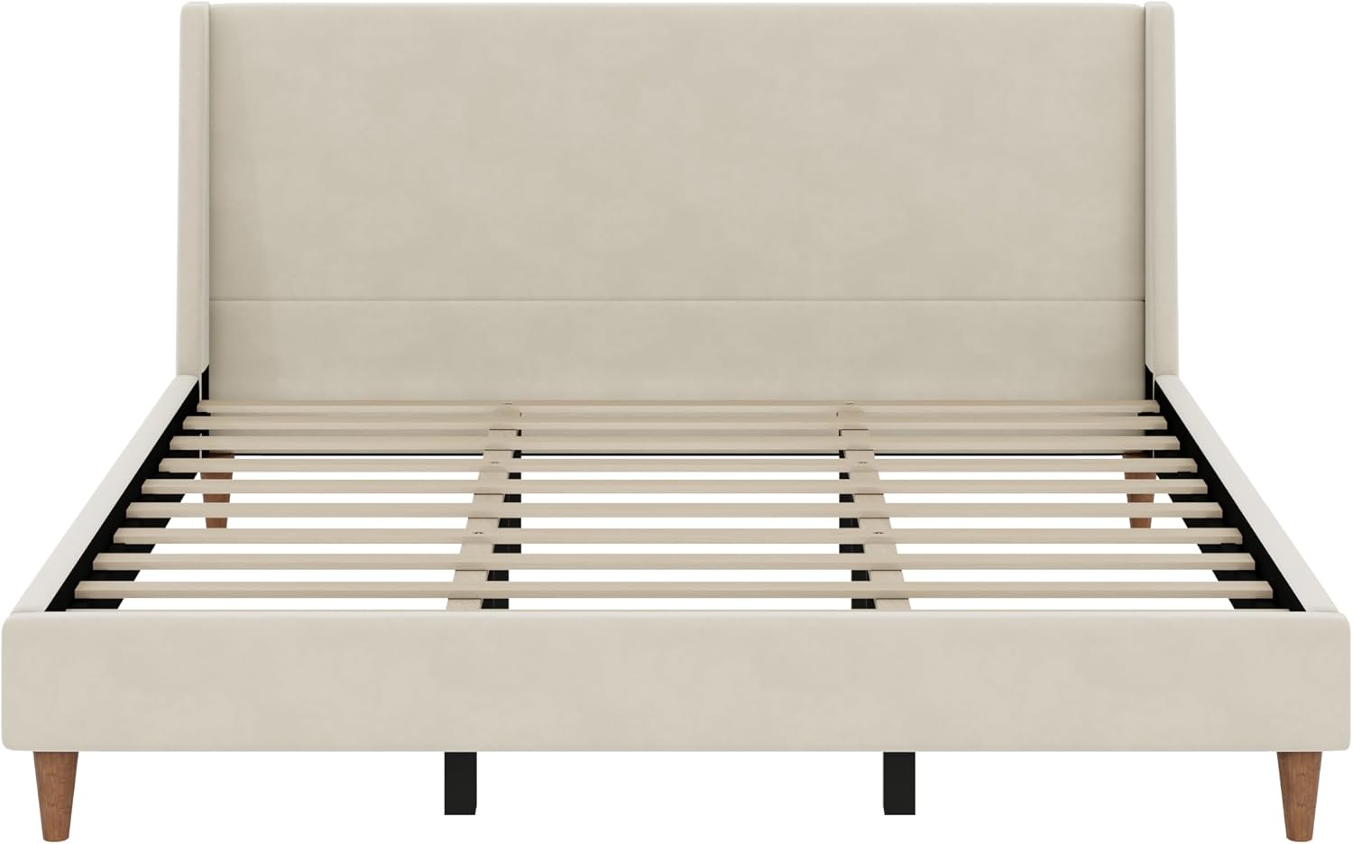 Merax King Size Velvet Bed Frame with Wingback Headboard, Upholstered Platform Bedframe with Solid Wooden Leg, Wood Slats for Bedroom, No Box Spring Needed, Easy Assembly, Modern Luxury Style, Beige