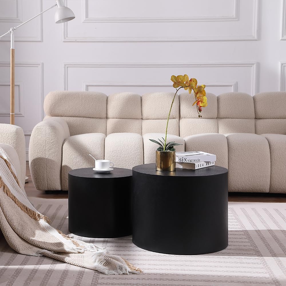 WILLIAMSPACE 18.9" Black Nesting Coffee Table Set of 2, Modern Round Coffee Tables Circle Side Table for Small Space, Accent End Table Set, No Assembling, Matte Black