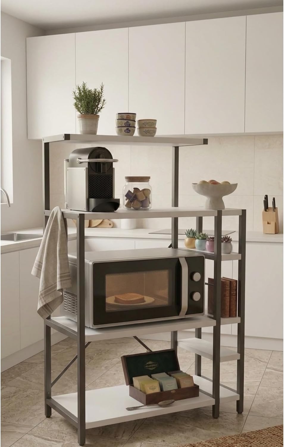 SODEF Coffee Station Cabinet with Microwave Shelf – 7-Tier Kitchen Organizer Rack – Modern Black Metal & White Wood Console - Black, 22x54 inch