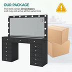 FUSOU Makeup Vanity with Power Outlet & Lighted Mirror, 13 Drawers Vanity Desk, 3 Lighting Modes Adjustable, Glass Top, Dressing Table with Chair for Bedroom (Black)