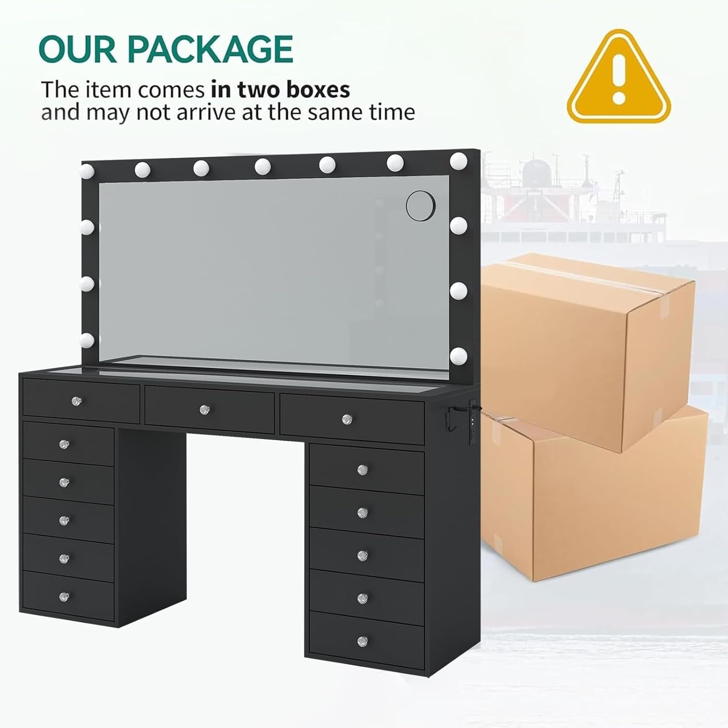 FUSOU Makeup Vanity with Power Outlet & Lighted Mirror, 13 Drawers Vanity Desk, 3 Lighting Modes Adjustable, Glass Top, Dressing Table with Chair for Bedroom (Black)