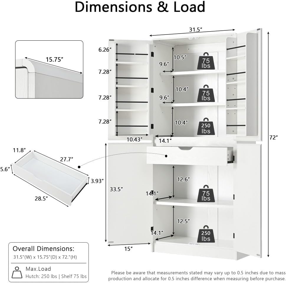 72" Tall Kitchen Pantry with Hidden Drawer, 8 Door Shelves & 3 Adjustable Shelves Farmhouse Cabinet, Versatile Cupboard for Kitchen, Dining & Bathroom (White)