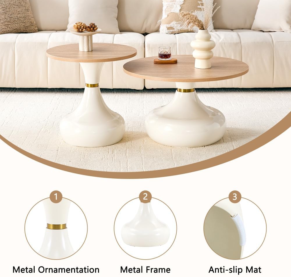 Affordable Luxury Gourd-Shaped Nesting Coffee Table Set. (Off White + Wood + MDF+Metal)